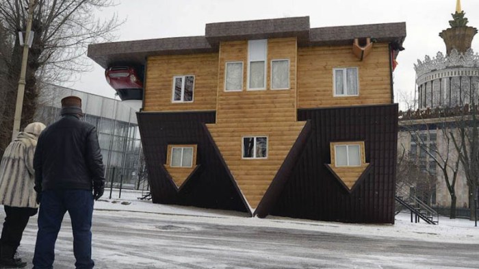 upside down house at the VVTs All-Russia Exhibition Center in Moscow. Visitors walk through and see themselves upside down.