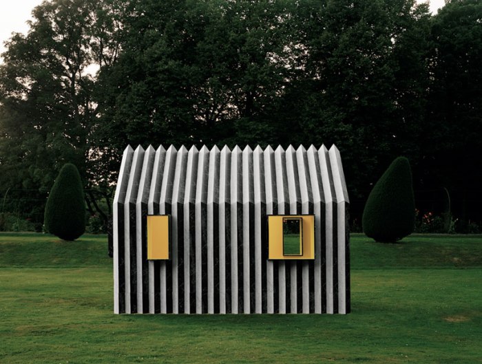 Chameleon Cabin, White Architects, Sweden, reversible paper cabin, white marble from one side, black marble opposite side