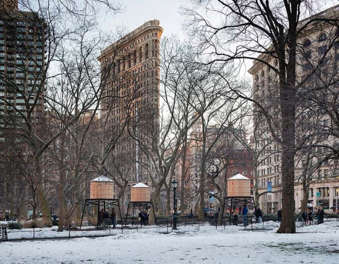 Ivan Navarro, Water Tower neon light art installation, This Land is Your Land, Madison Square Park, NYC