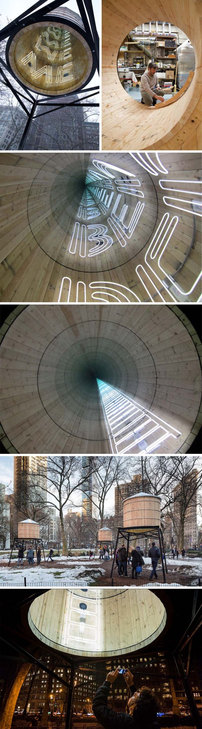 Ivan Navarro, Water Tower neon light art installation, This Land is Your Land, Madison Square Park, NYC