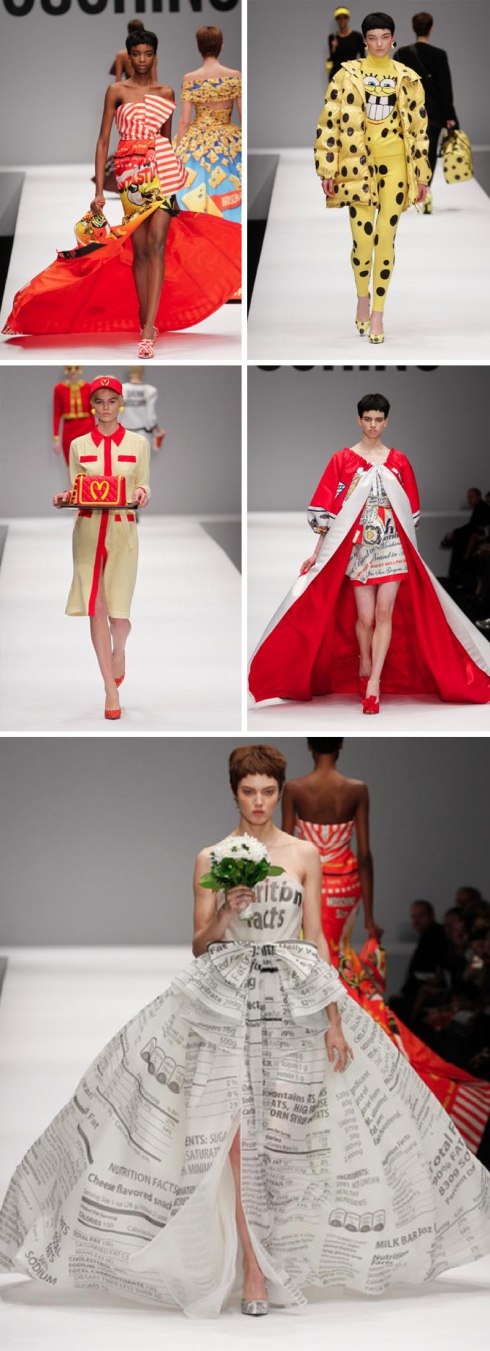 jeremy scott, moschino, fast fashion, food packages as clothes