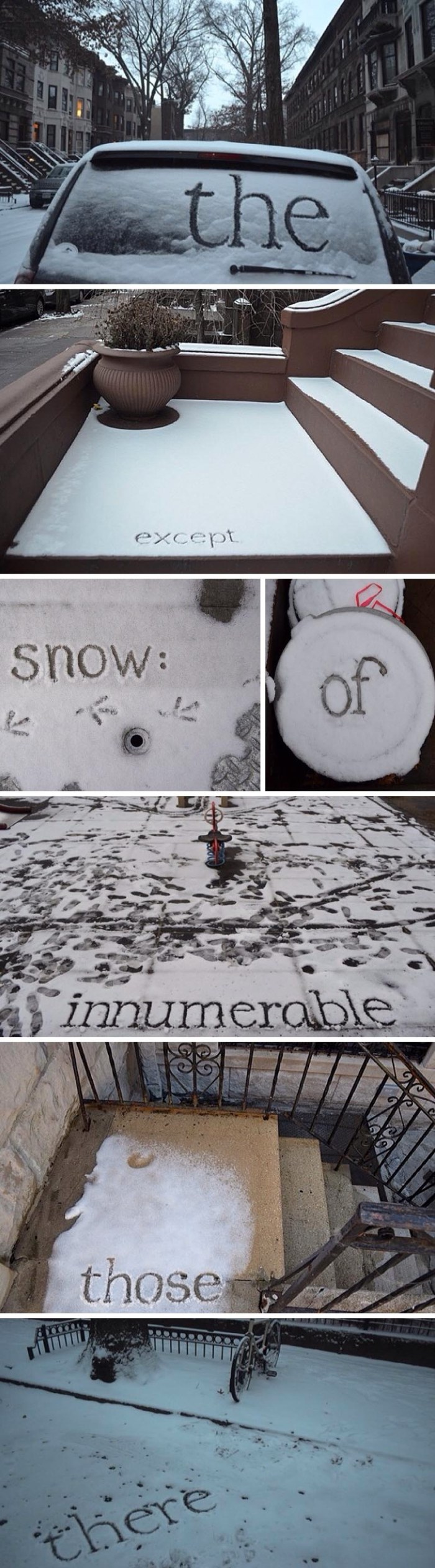 Shelley Jackson writes words in the snow to create a story on instagram, typography in snow, nyc