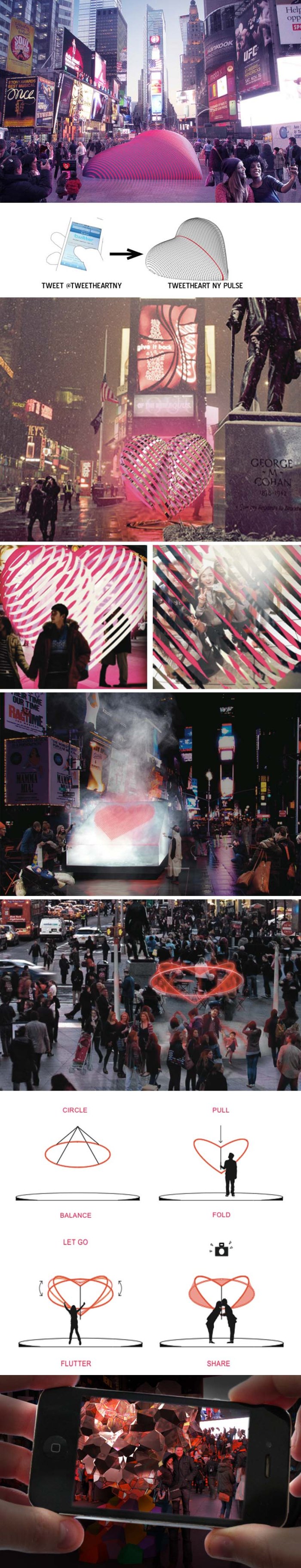 Times Square Valentine Heart Sculpture Competition 2014, Finalists, Young Projects,  Haiko Cornelissen Architecten; Pernilla Ohrstedt Studio; Schaum/Shieh Architects; SOFTlab; and The Living.Interactive sculpture shaped as heart, NYC