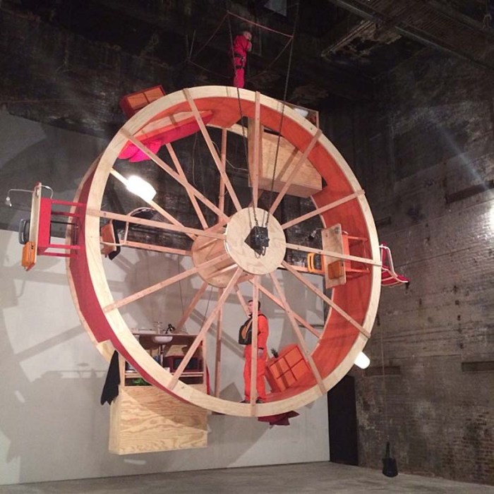 In Orbit, Performance art installation by Ward Shelley and Alex Schweder at The Boiler, Williamsburg, 10 days living on a giant wheel