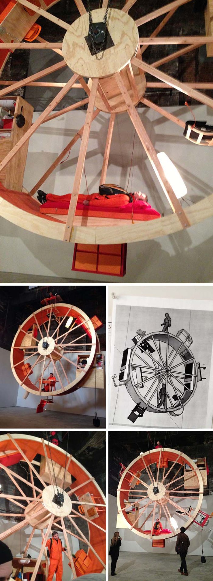 In Orbit, Performance art installation by Ward Shelley and Alex Schweder at The Boiler, Williamsburg, 10 days living on a giant wheel