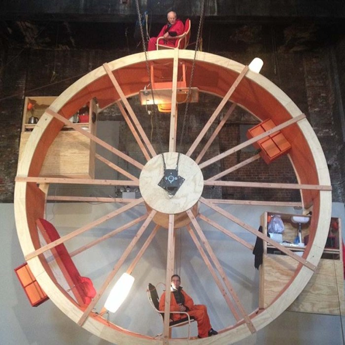 In Orbit, Performance art installation by Ward Shelley and Alex Schweder at The Boiler, Williamsburg, 10 days living on a giant wheel
