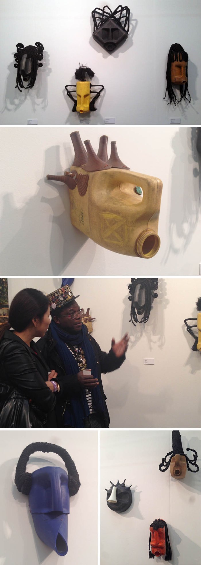 Contmeporary African Masks made with found objects, mostly gasoline canisters, Romuald Hazoume, Armory Show 2014