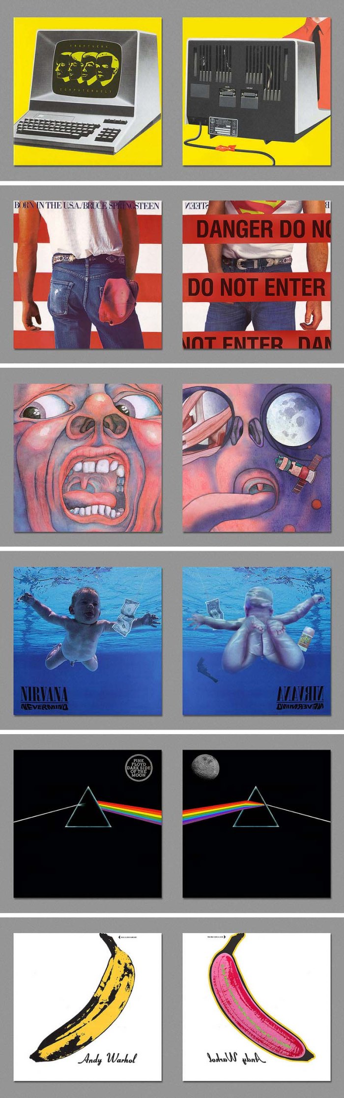 Re-imagined Back sides of iconic album covers by Harvezt, Dark side of album covers, Kraftwerk, Nirvana, Springsteen, Pink Floyd, velvet Underground