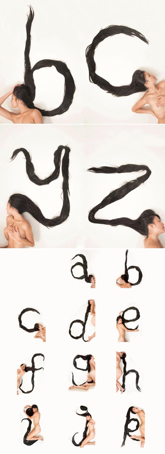 Hair Alphabet by Shurong Diao, Type made with hair, Chinese calligraphy style, typography
