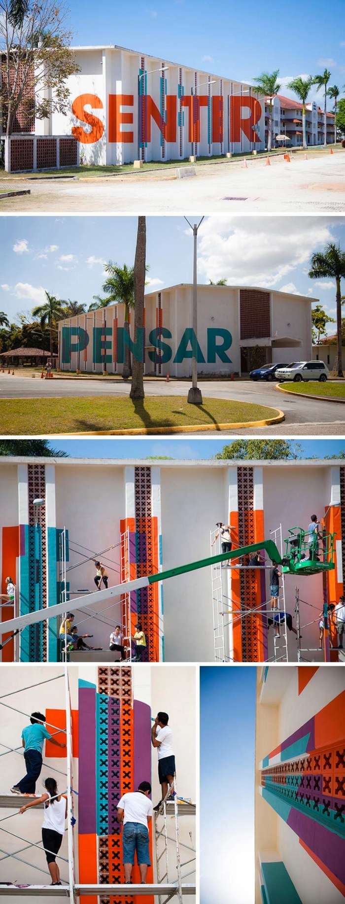 Boa Mistura, University of Isthmus, Panama City, Typographic Mural with students, Think/Feel, Pensar/Sentir, anamorphosis, typography, street art