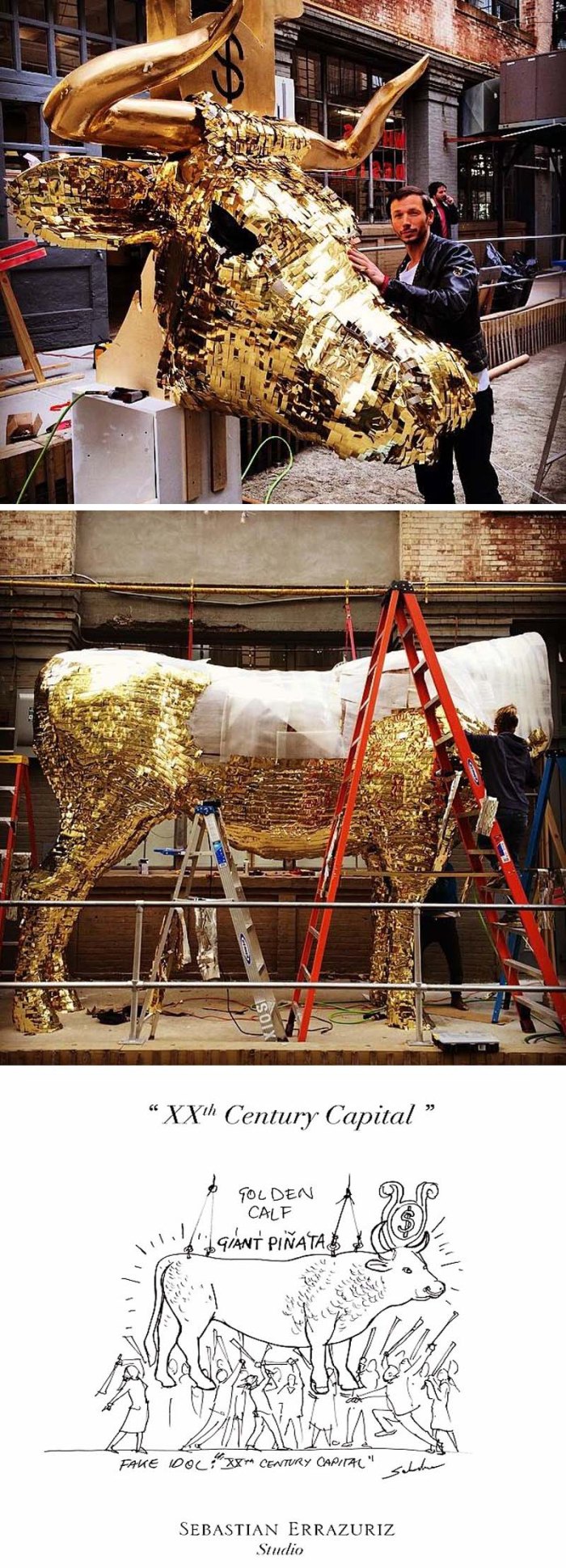 Cash Cow pinata by sebastian errazuriz, golden calf filled with 1000 dollars for NYCxDesign Festival, Industry City, 2014 Wanted Design