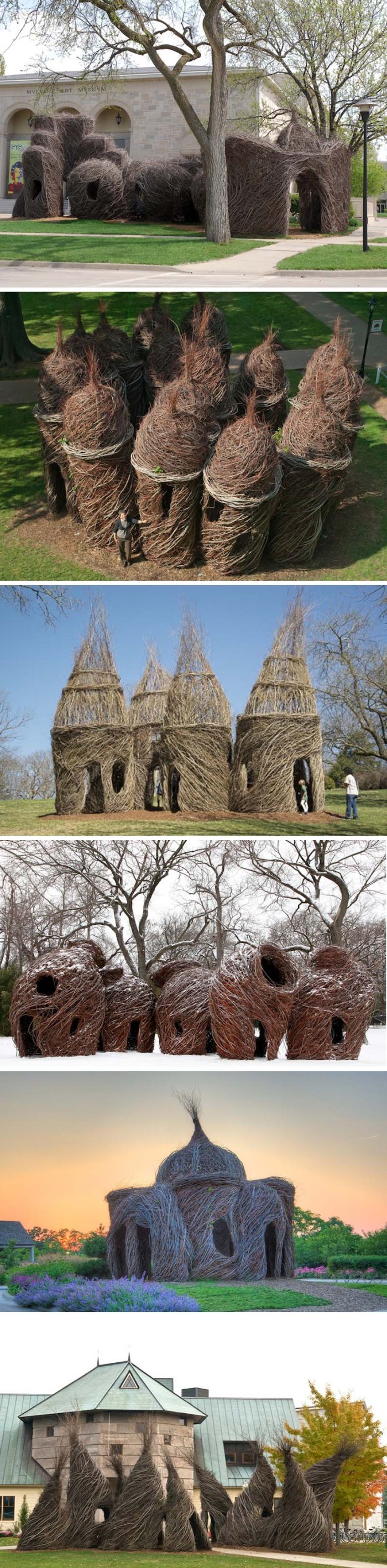 Patrick Dougherty, Stickworld, largescale sculptures/huts made using twigs and branches