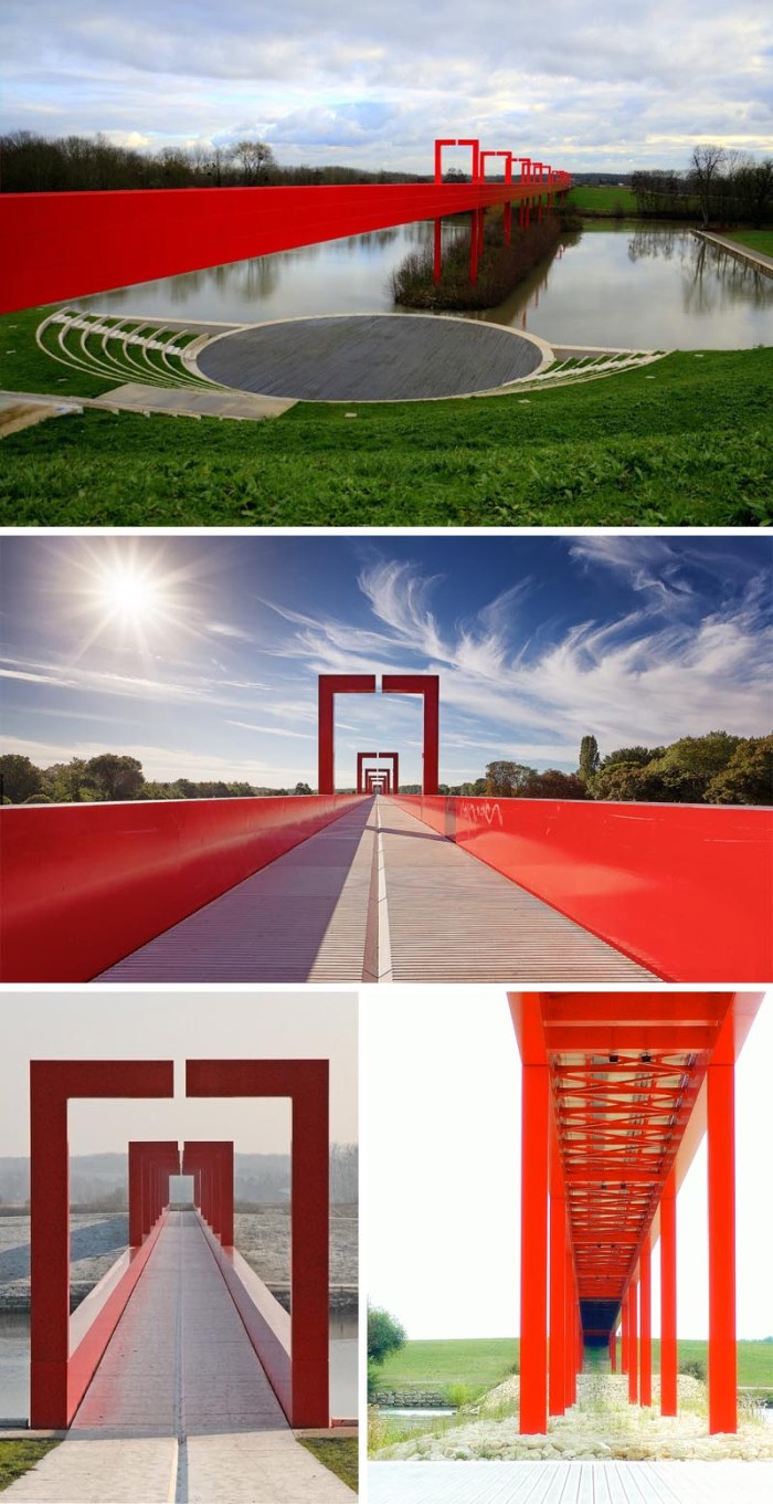 The red gateway pedestrian bridge, Cergy-Pontoise, France, designed by Dani Karavan. Cool red bridge