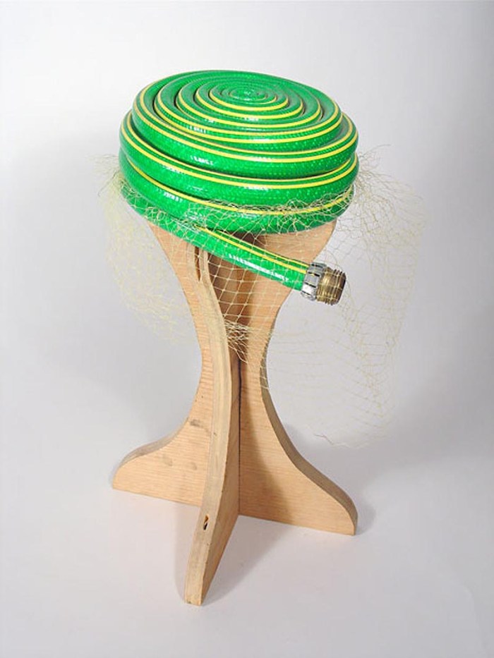 Repurposed garden hose as hat, Rodney Allen Trice, TomTinc, Refitting the Planet, repurposing, recycling found objects