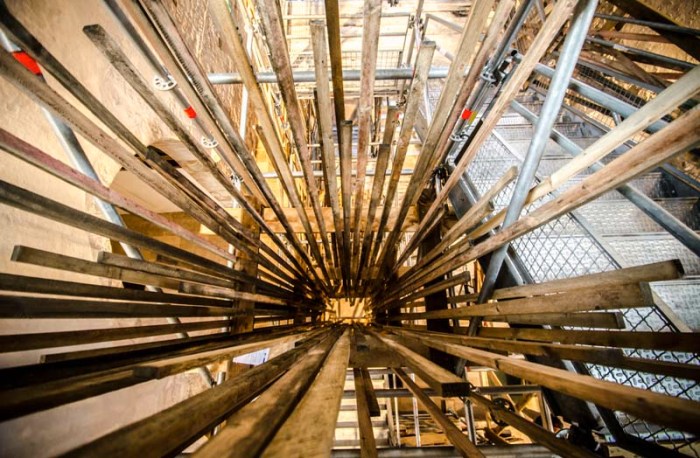 Sambre, French Street artist, Escalier de Secours, Fire Escape, Giant wood installation in Saint Pierre le Puellier Church, Orleans, France