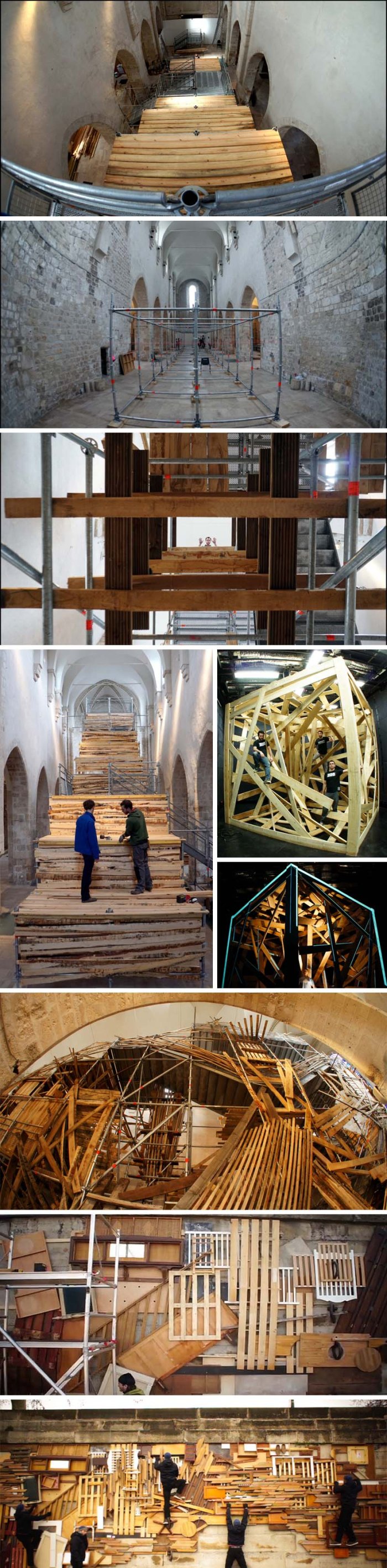 Sambre, French Street artist, Escalier de Secours, Fire Escape, Giant wood installation in Saint Pierre le Puellier Church, Orleans, France