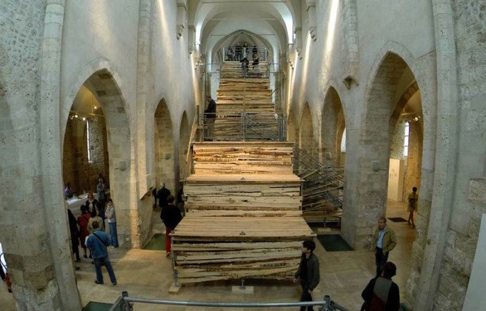 Sambre, French Street artist, Escalier de Secours, Fire Escape, Giant wood installation in Saint Pierre le Puellier Church, Orleans, France