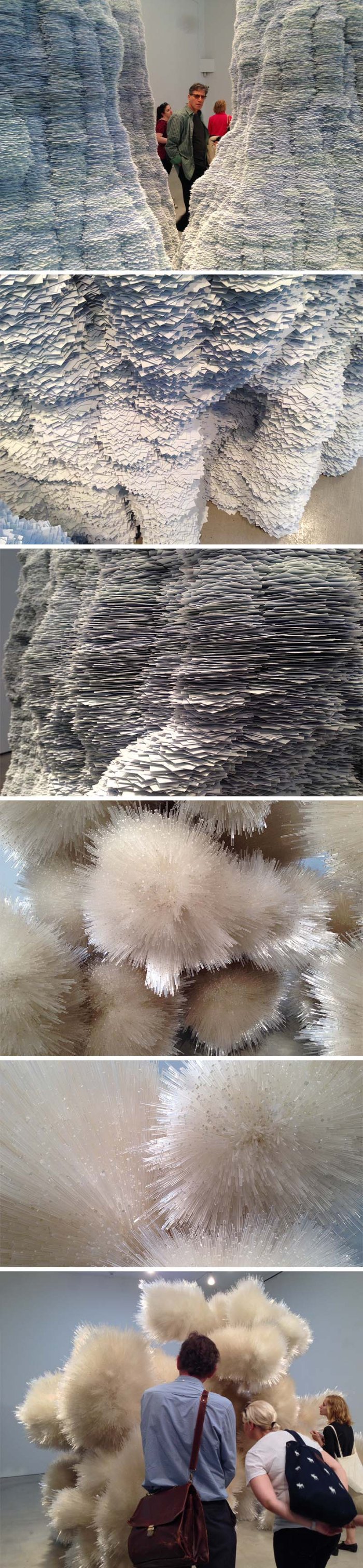 Tara Donovan, large-scale sculptures made with index cards and acrylic rods, post-its, drink stirrers, Pace Gallery 2014, cool art