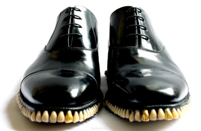 Apex Predator shoe sculptures with teeth/dentures as soles by Fantich and Young