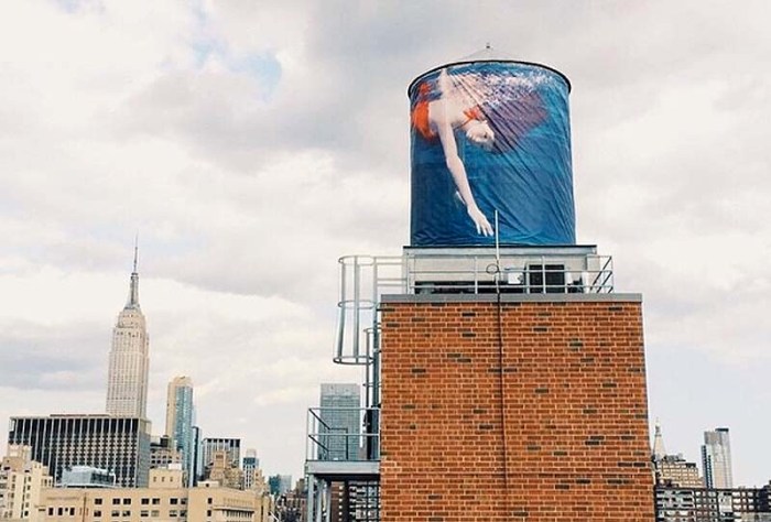 The Water Tank Project, Word Above the Street, Mary Jordan, 100 water tanks in nyc wrapped in artists's works to raise environmental awareness. NYC. Art and awareness
