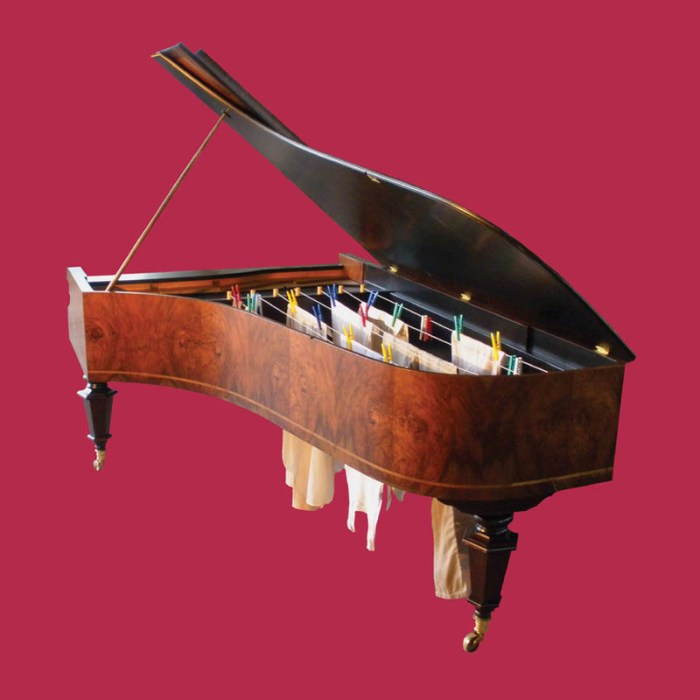 Marco Bottin, A middle class portrain, piano with hanging laundry, contemporary italian art, socio-economic art with humor/sting