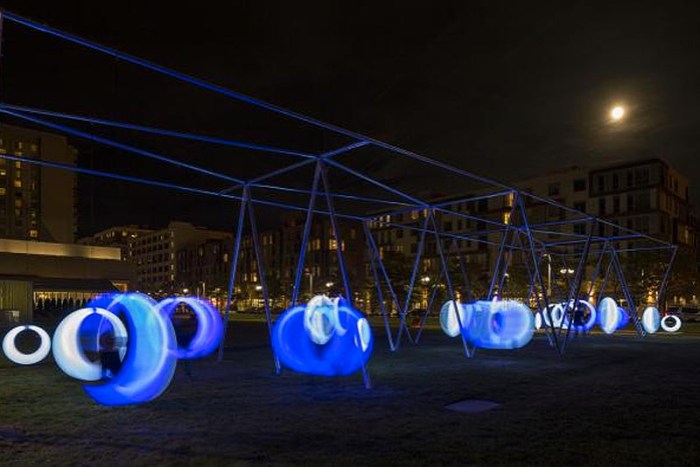 Swing Time installation by Höweler + Yoon Architecture in Boston, September 2014. Cool light swings that glow at night