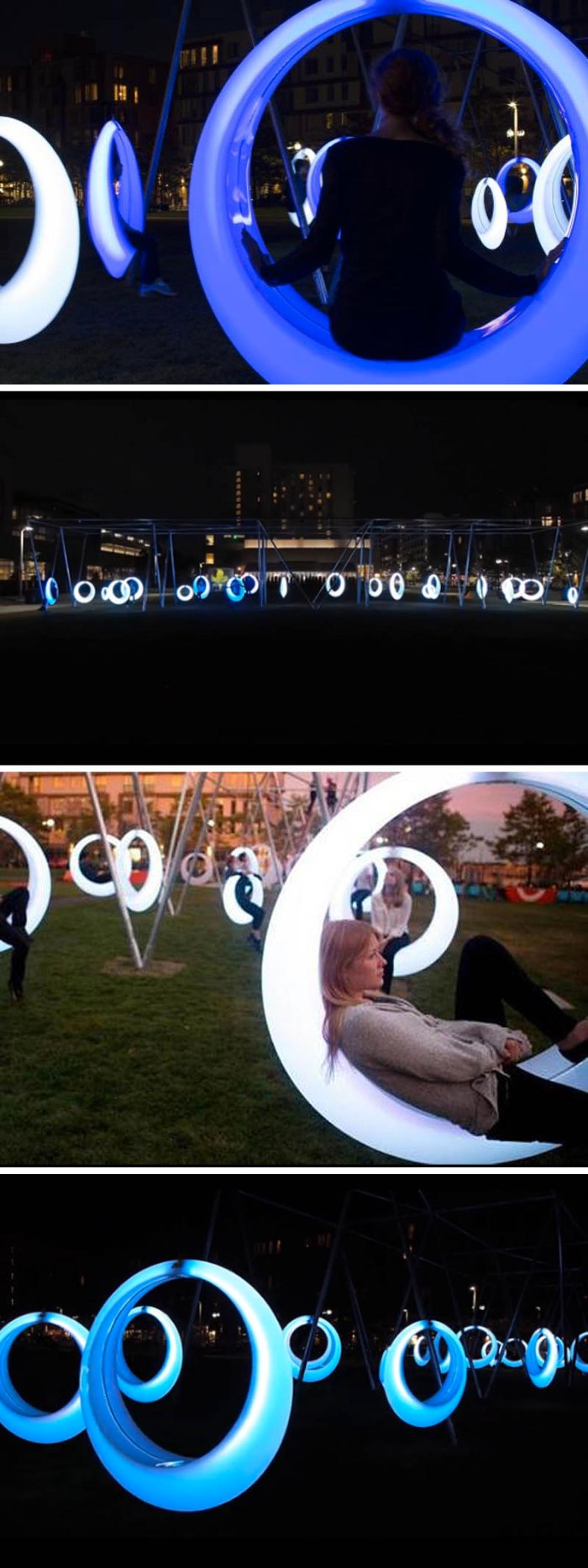 Swing Time installation by Höweler + Yoon Architecture in Boston, September 2014. Cool light swings that glow at night