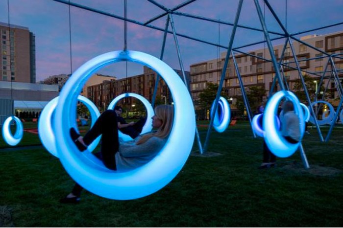 Swing Time installation by Höweler + Yoon Architecture in Boston, September 2014. Cool light swings that glow at night